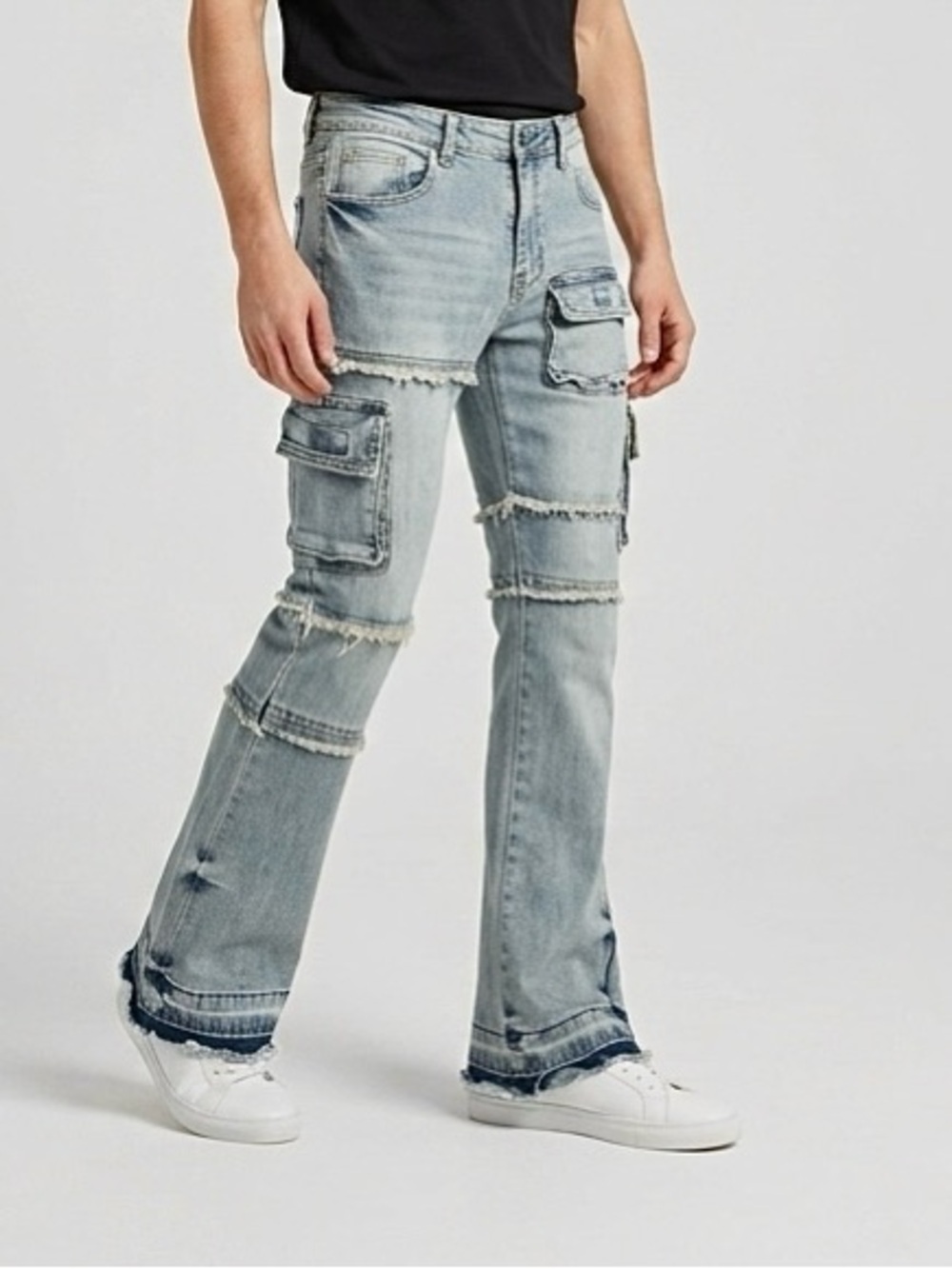 Waimea Men's Stacked Fit Flare Cargo Jeans Distressed Patchwork Size 30x36